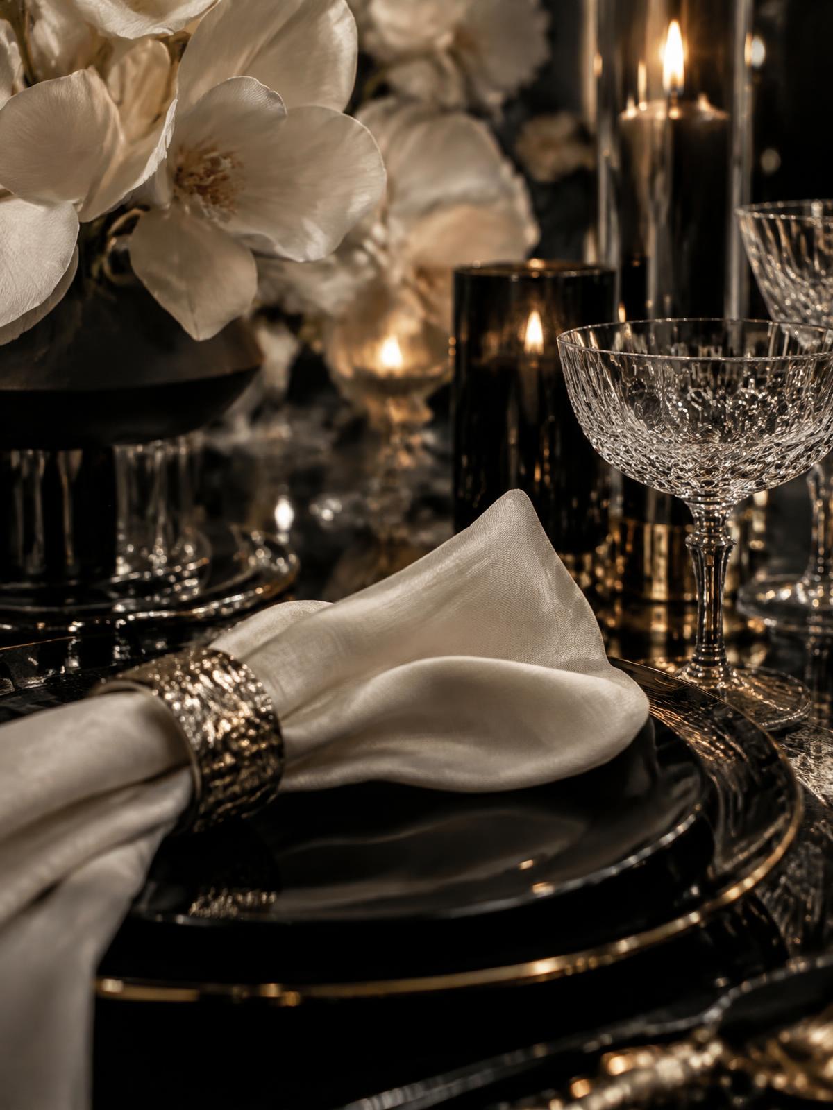 Macro composition of crystal, ivory linen, flowers and candlelight
