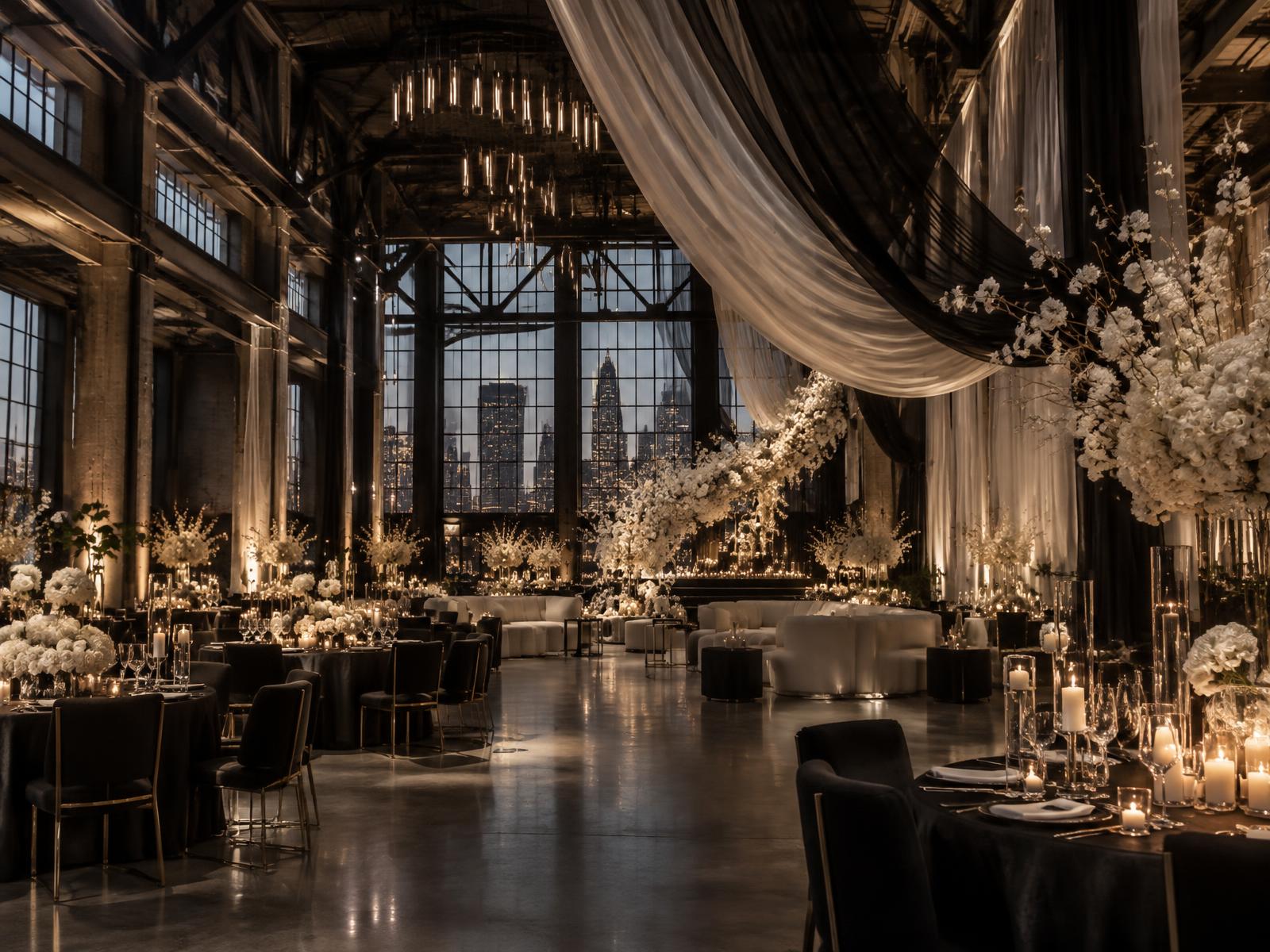 Industrial venue transformed with drapery, white florals and candlelight
