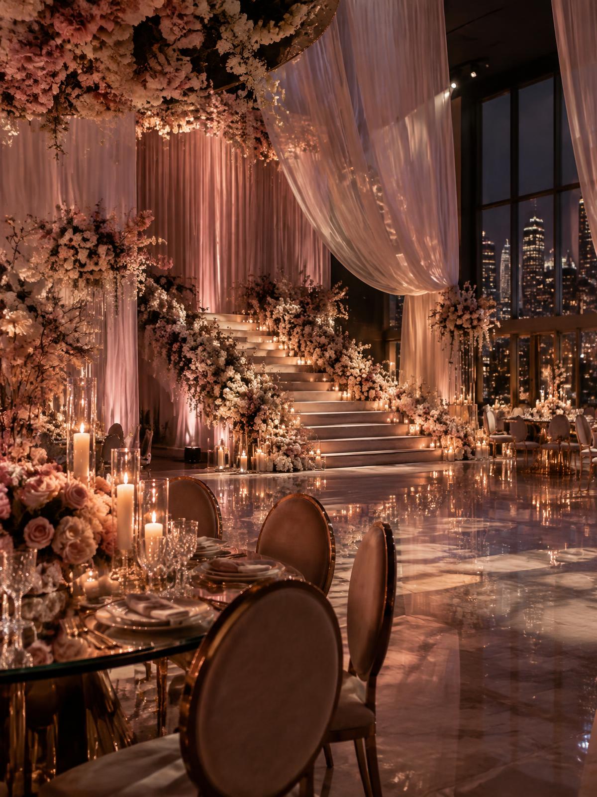 Contemporary Sweet Sixteen setting with flowers, drapery and candlelight